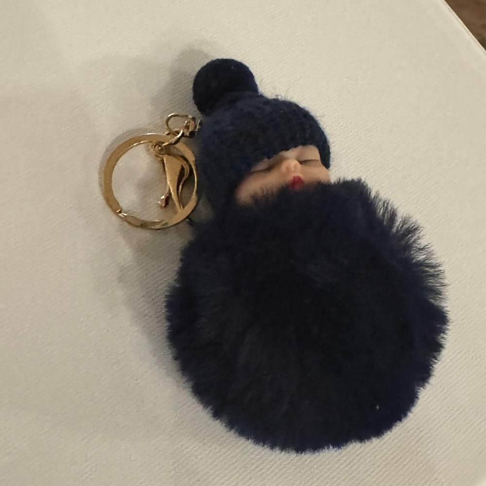 Sleeping Baby Black Fluff Ball Keychain Key‎ Ring Bag Purse Fob Gold Accents